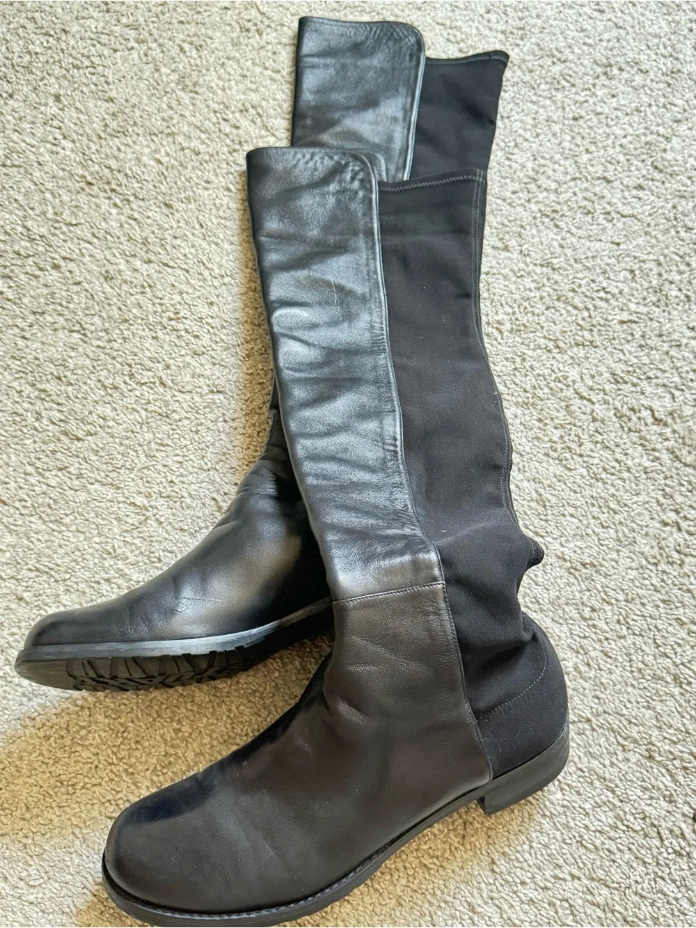 Stuart Weitzman 5050 Black Leather Over The Knee Stretch Boots Womens Flat Tall